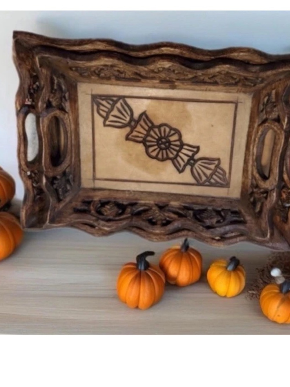 Set of Vintage rustic farmhouse mango/sheeham Handcarved + inlay Trays. India